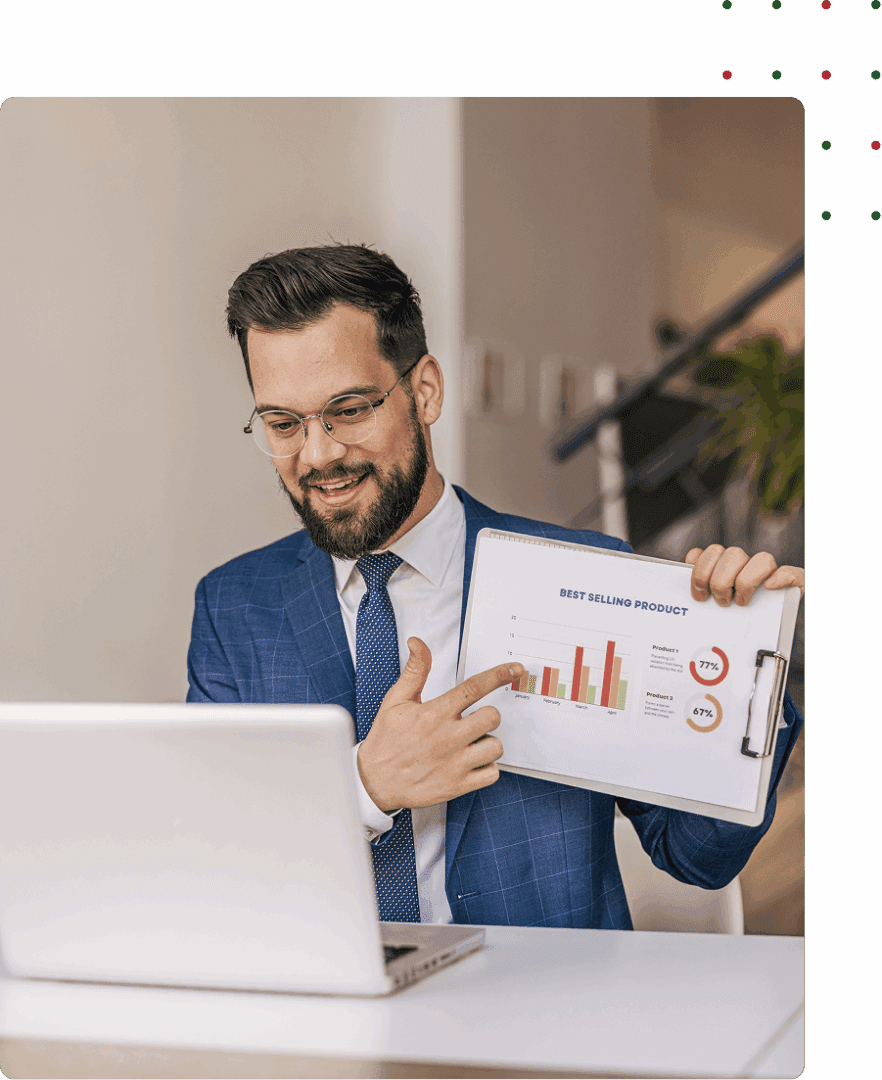 Professional discussing data via laptop